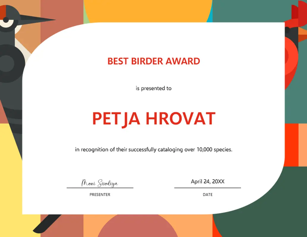 Bird watching award certificate